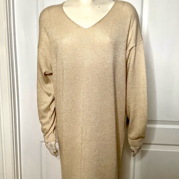 Alchemia Tricot gold shimmer Maxi sweater dress, elegant metallic knit V-neck - Picture 3 of 12